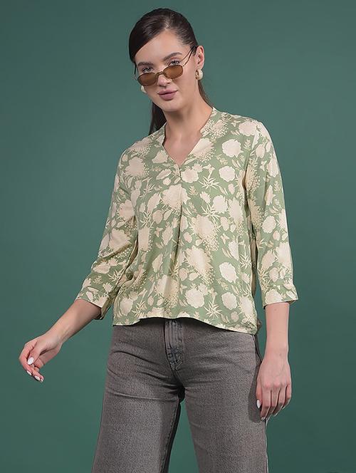 women green floral print mandarin neck top - 21957049 - Standard Image - 0
