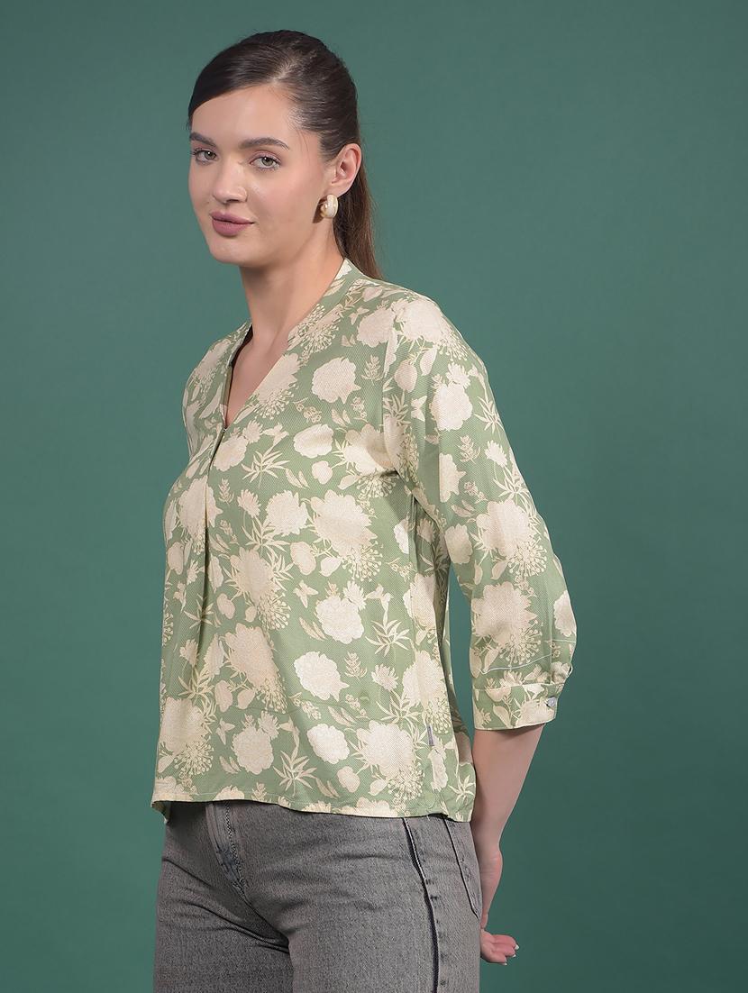 women green floral print mandarin neck top - 21957049 - Standard Image - 1
