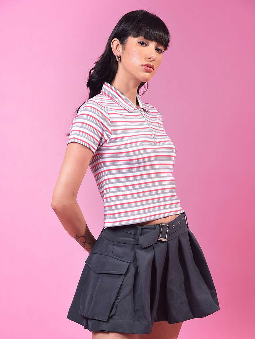 Women Striped Sleeveless Regular Fit Polo T Shirt