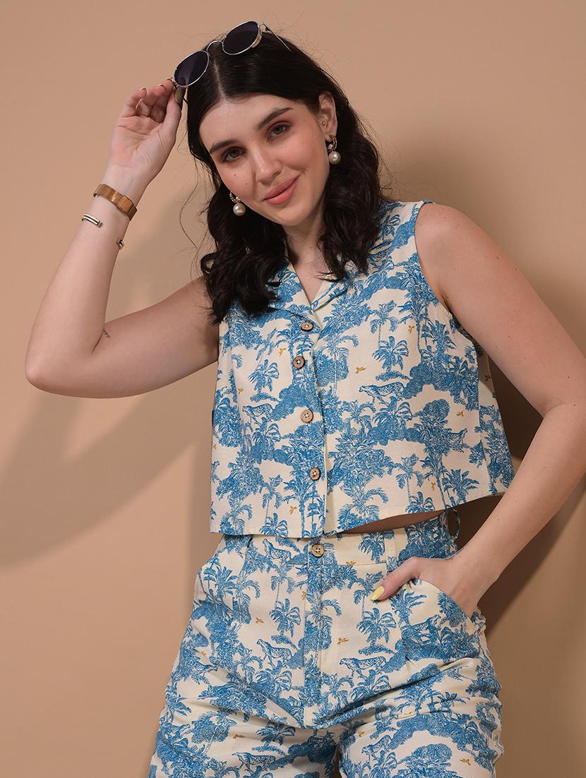 women printed lapel neck sleeveless crop top - 21957076 - Zoom Image - 0