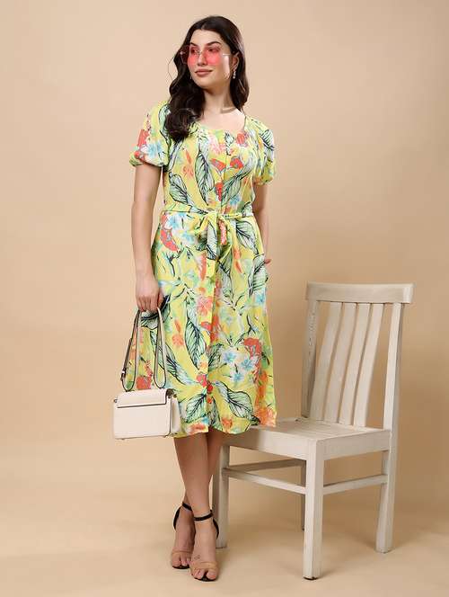 women flloral printed puff sleeve a-line dress - 21957079 - Standard Image - 0
