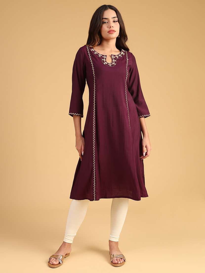 women embroidered three quarter sleeve a-line kurta - 21957338 -  Standard Image - 1