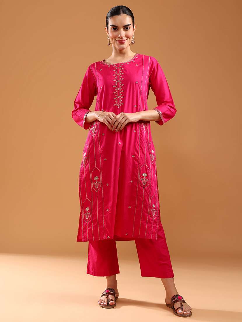 women three quarter sleeve straight kurta - 21957340 -  Standard Image - 1