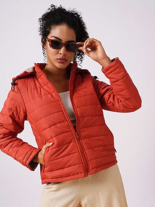 women rust mock neck with attached hoodie zip closure reversible winter wear puffer jacket