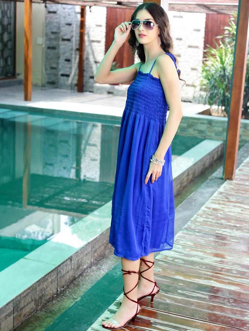 women blue solid shoulder strap fit & flare dress - 21957790 -  Standard Image - 1