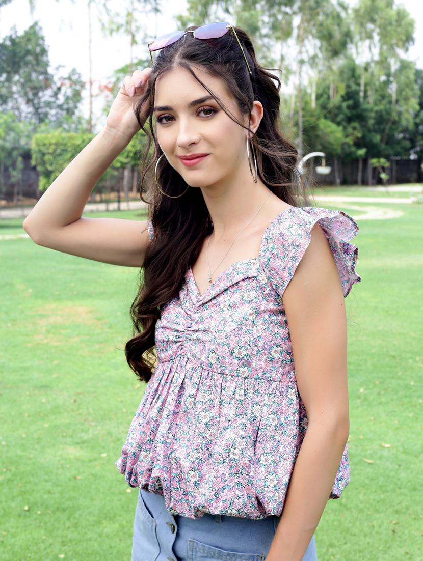 women floral print ruffle sleeve peplum top - 21957860 - Standard Image - 1