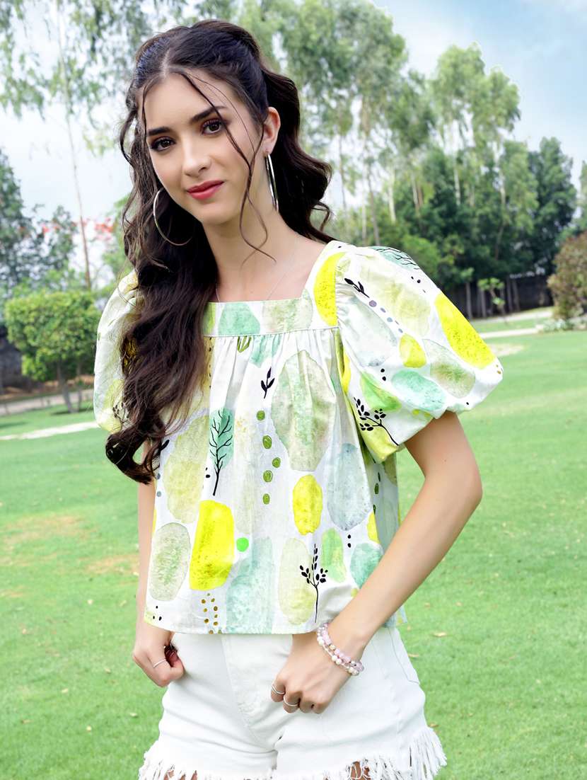 women printed puff sleeve regular top