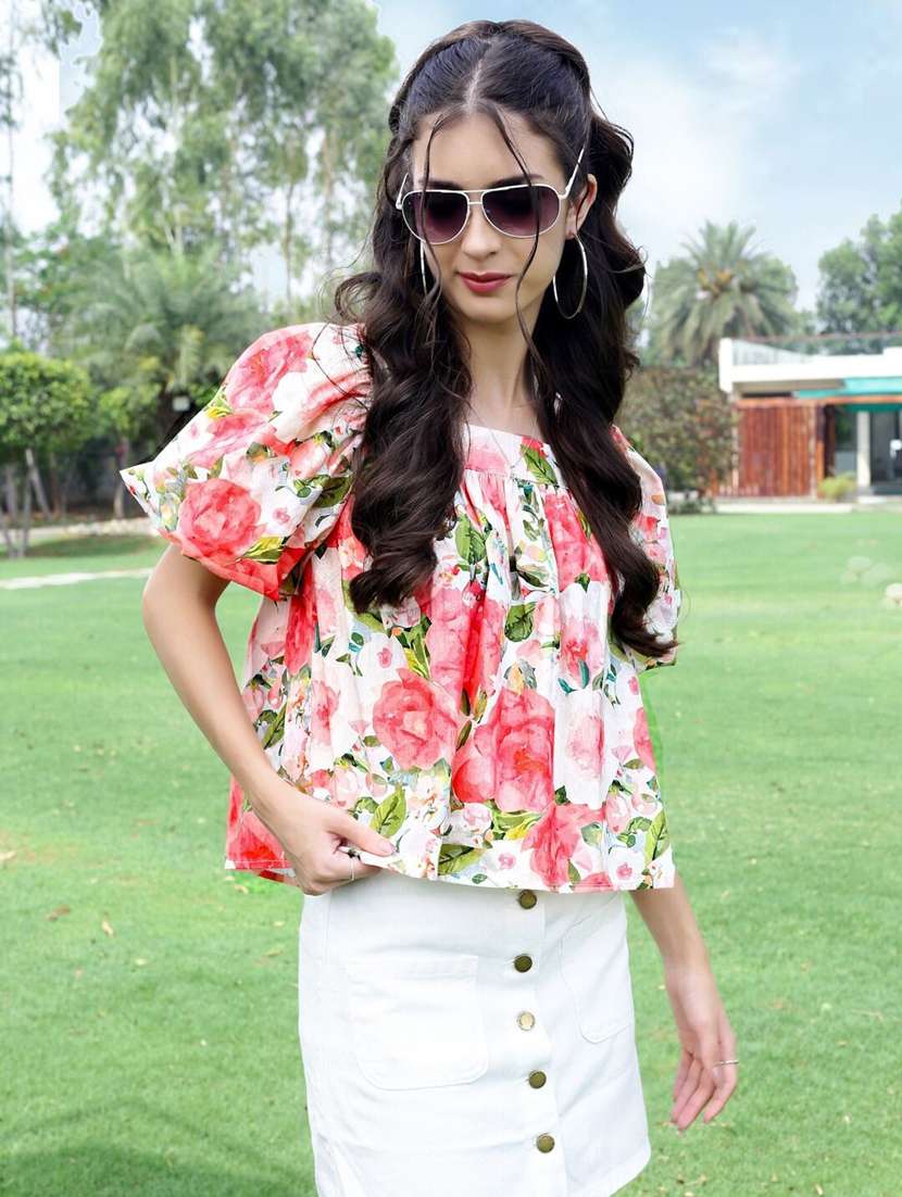 women floral print puff sleeve regular top