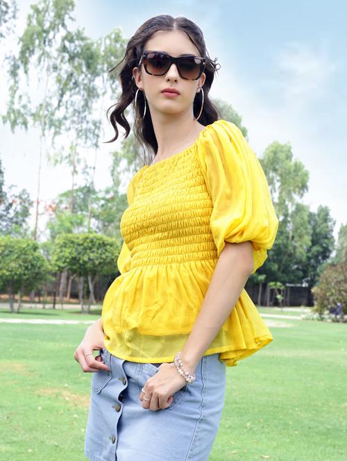 women solid smocked detailed puff sleeve peplum top - 21957865 - Standard Image - 0
