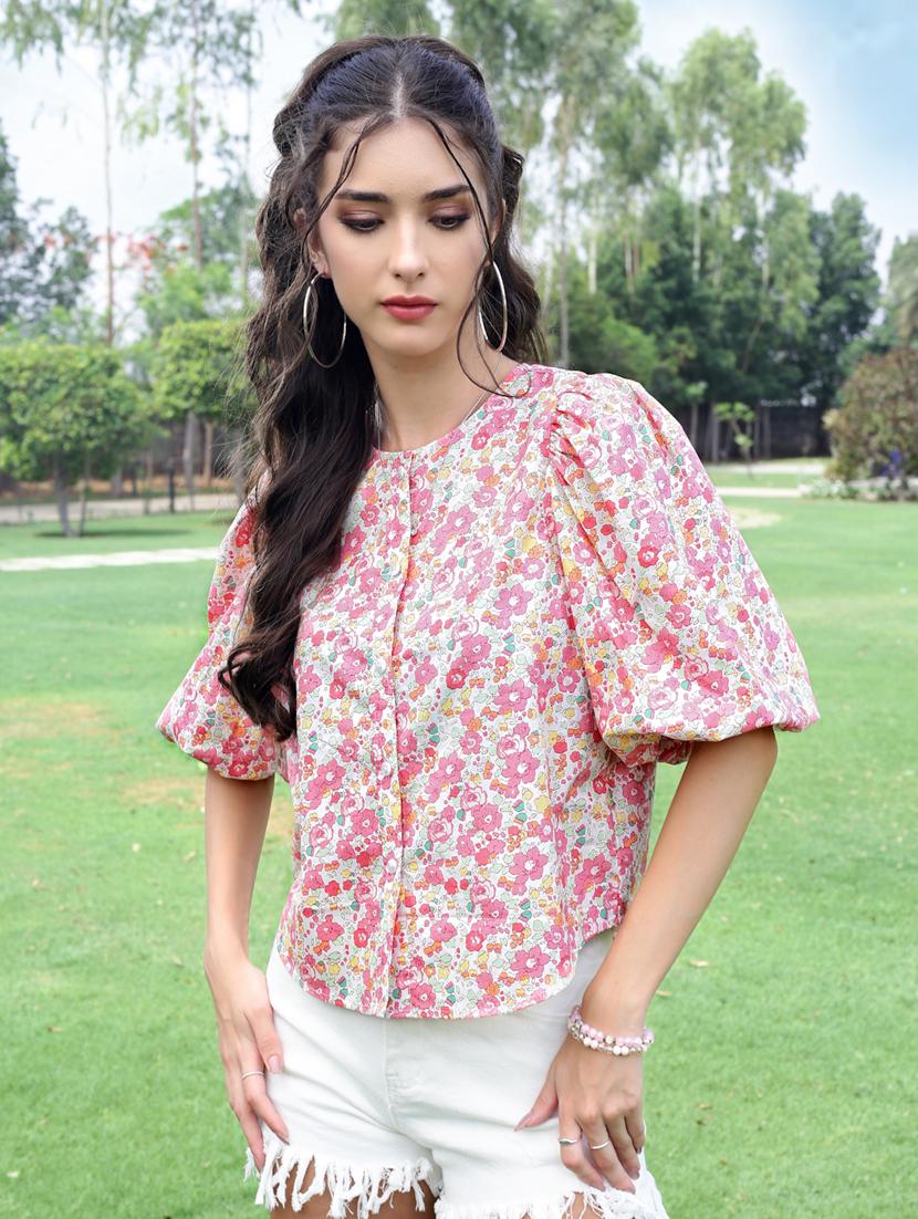 floral print regular fit cotton puff top - 21957867 -  Zoom Image - 0