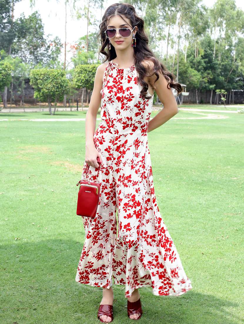 women floral print halter neck flared jumpsuit