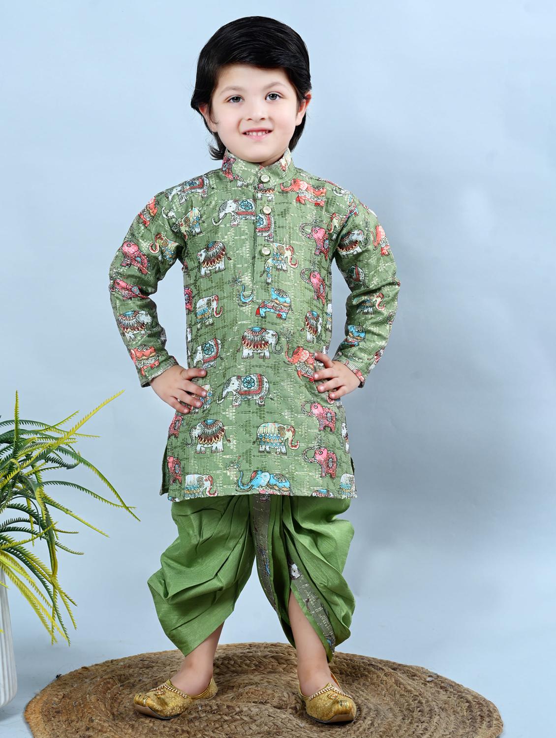 kids printed mandarin neck dhoti kurta set 