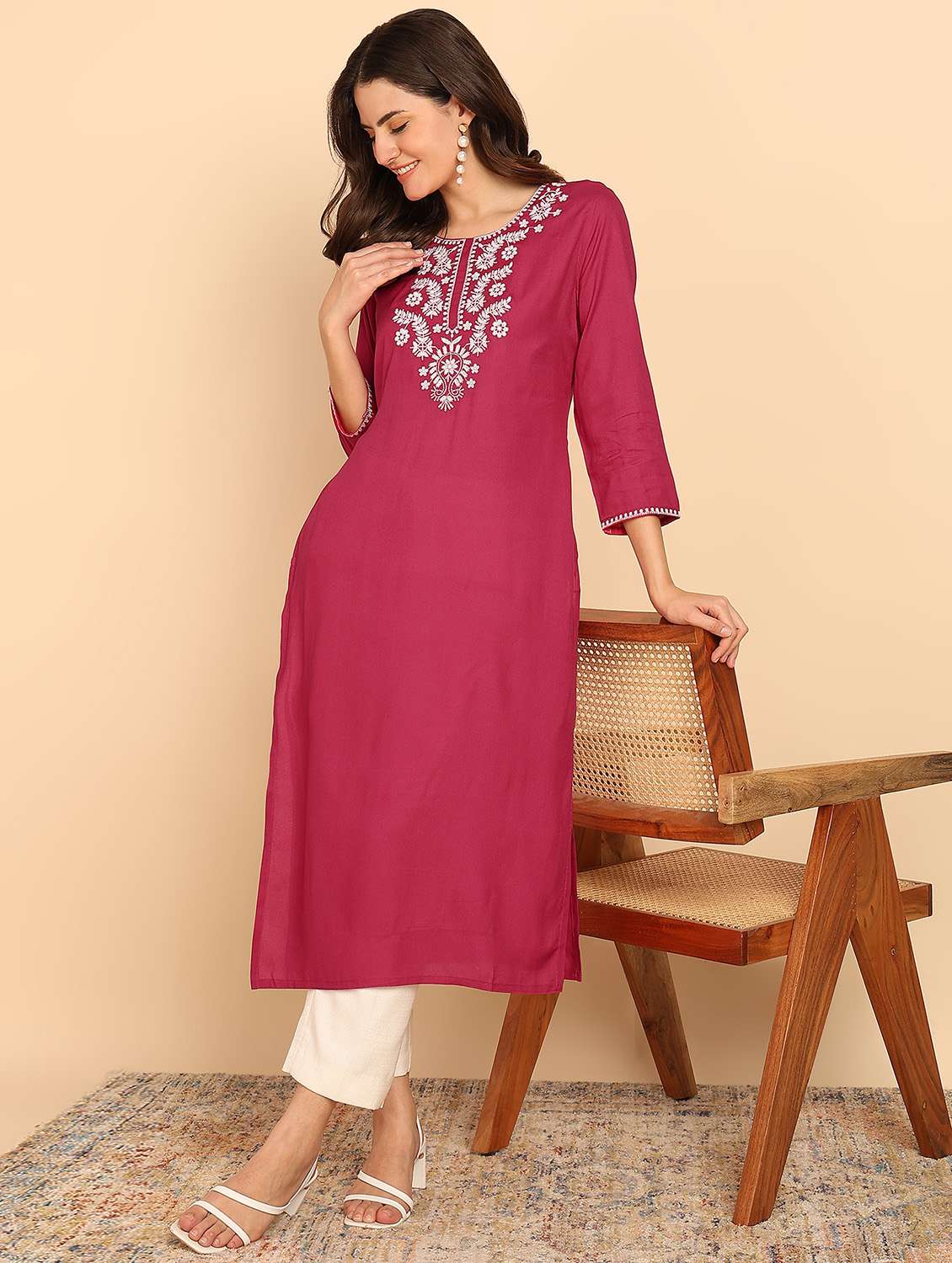 women embroidered three quarter sleeve straight kurta - 21957890 -  Standard Image - 1