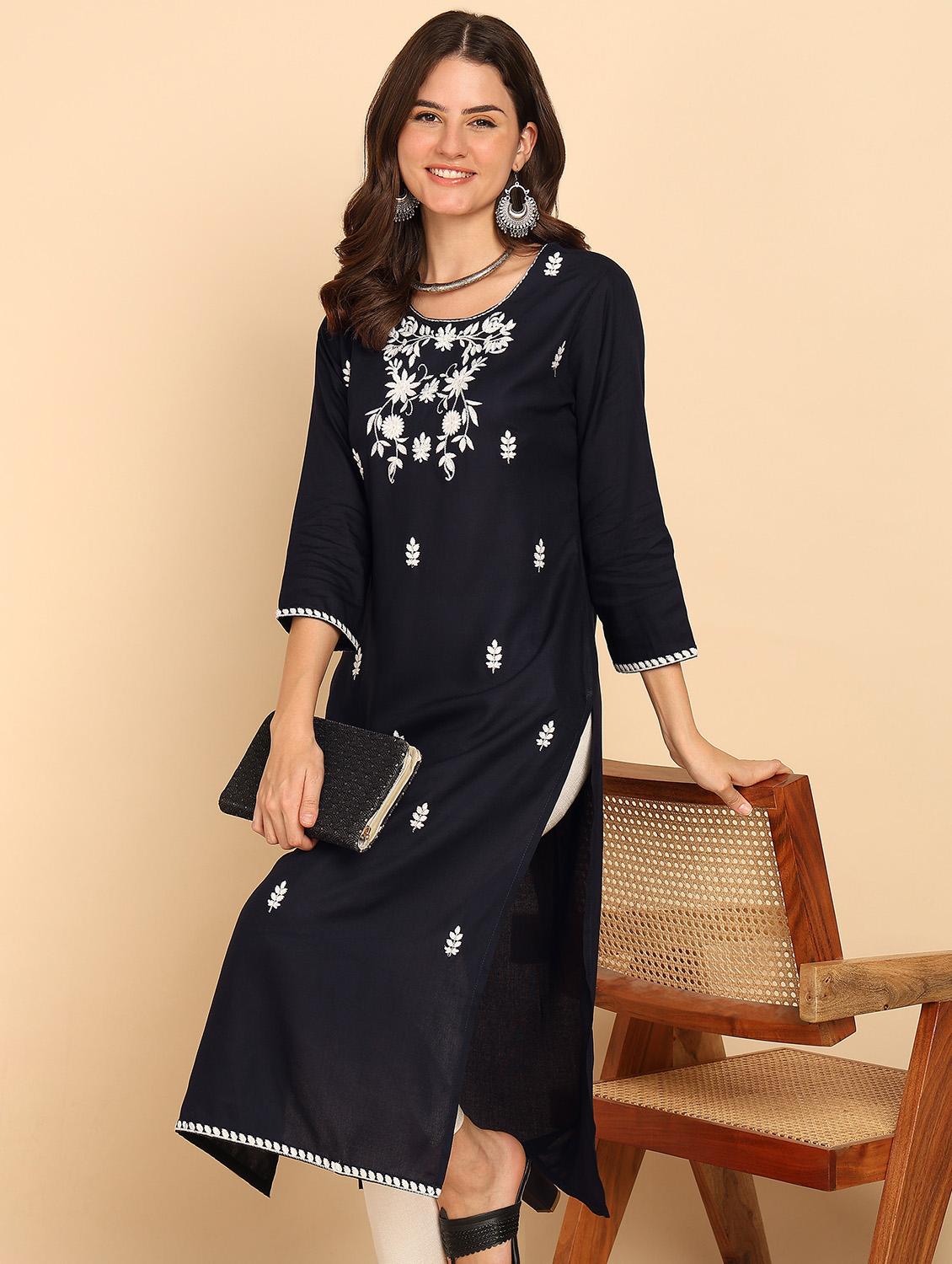 women embroidered three quarter sleeve straight kurta - 21957891 - Zoom Image - 0