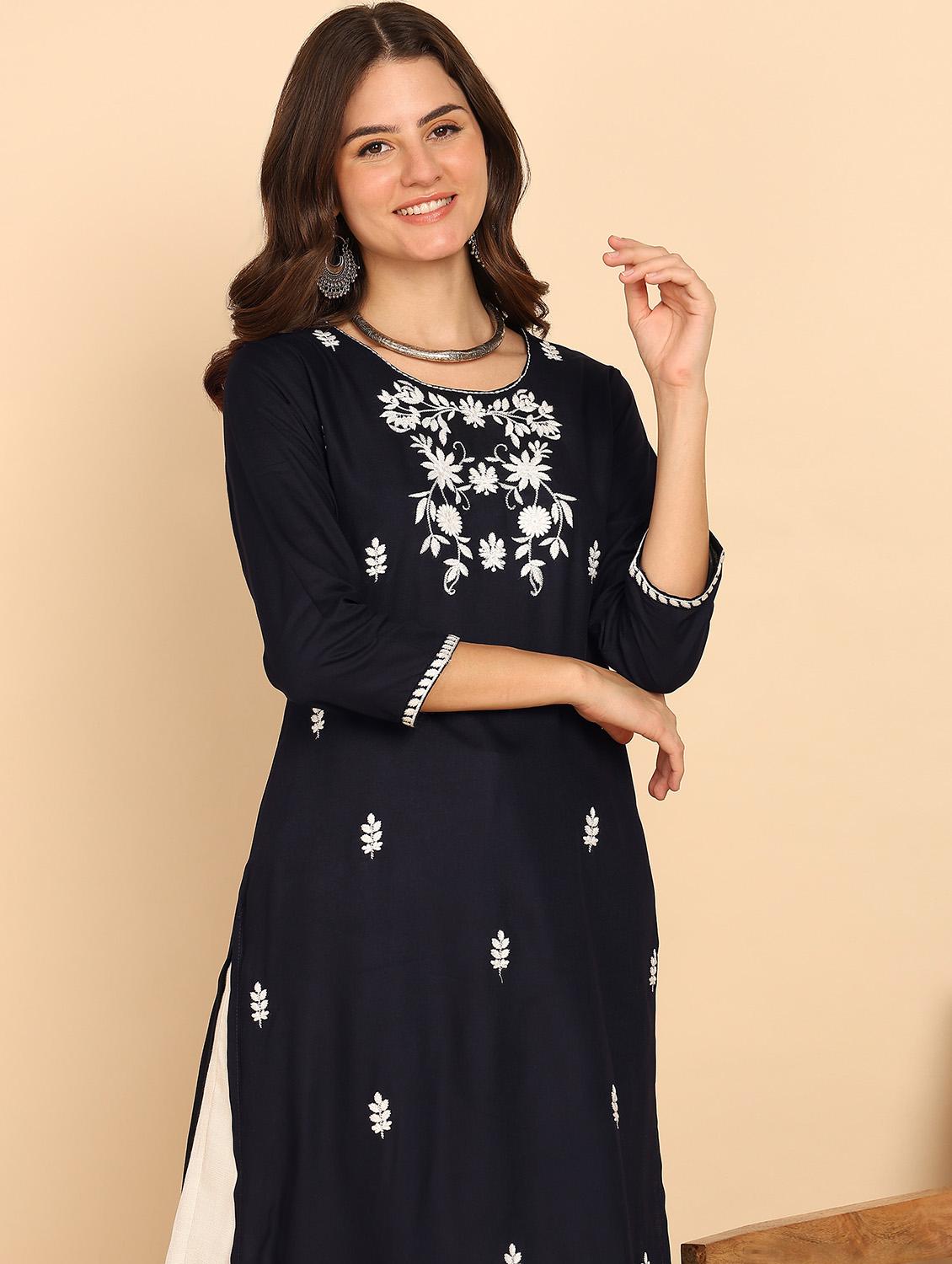 women embroidered three quarter sleeve straight kurta - 21957891 -  Standard Image - 1