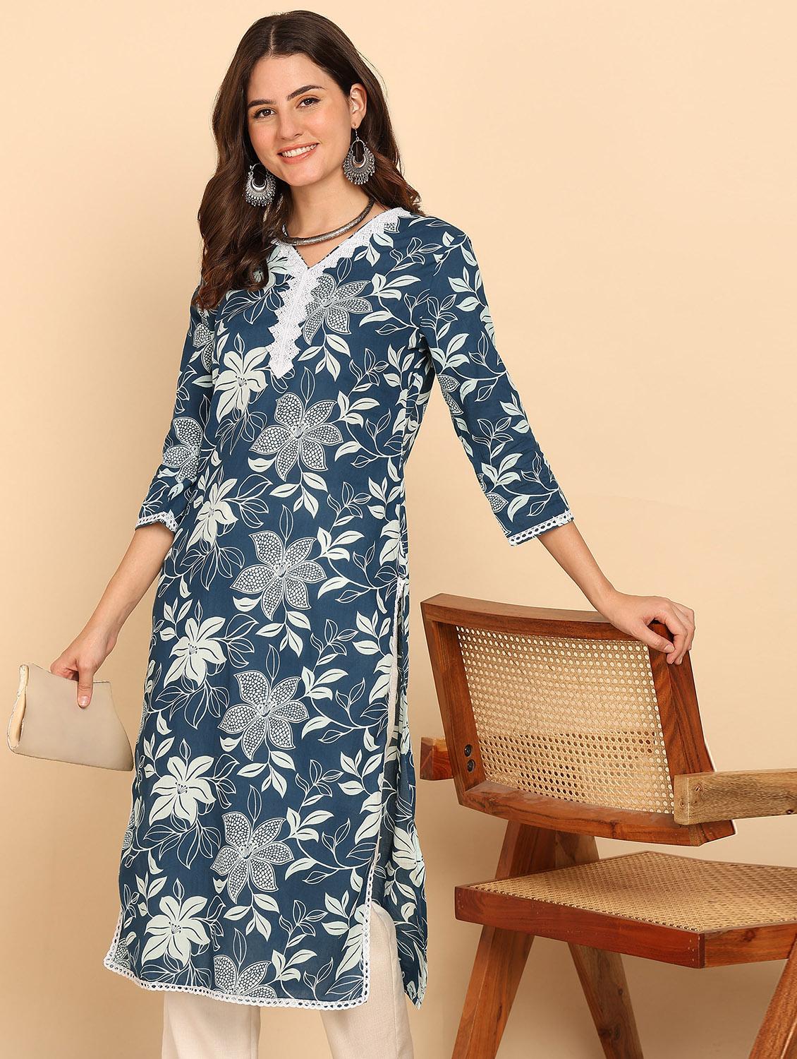 women three quarter sleeve straight kurta - 21957894 - Standard Image - 1