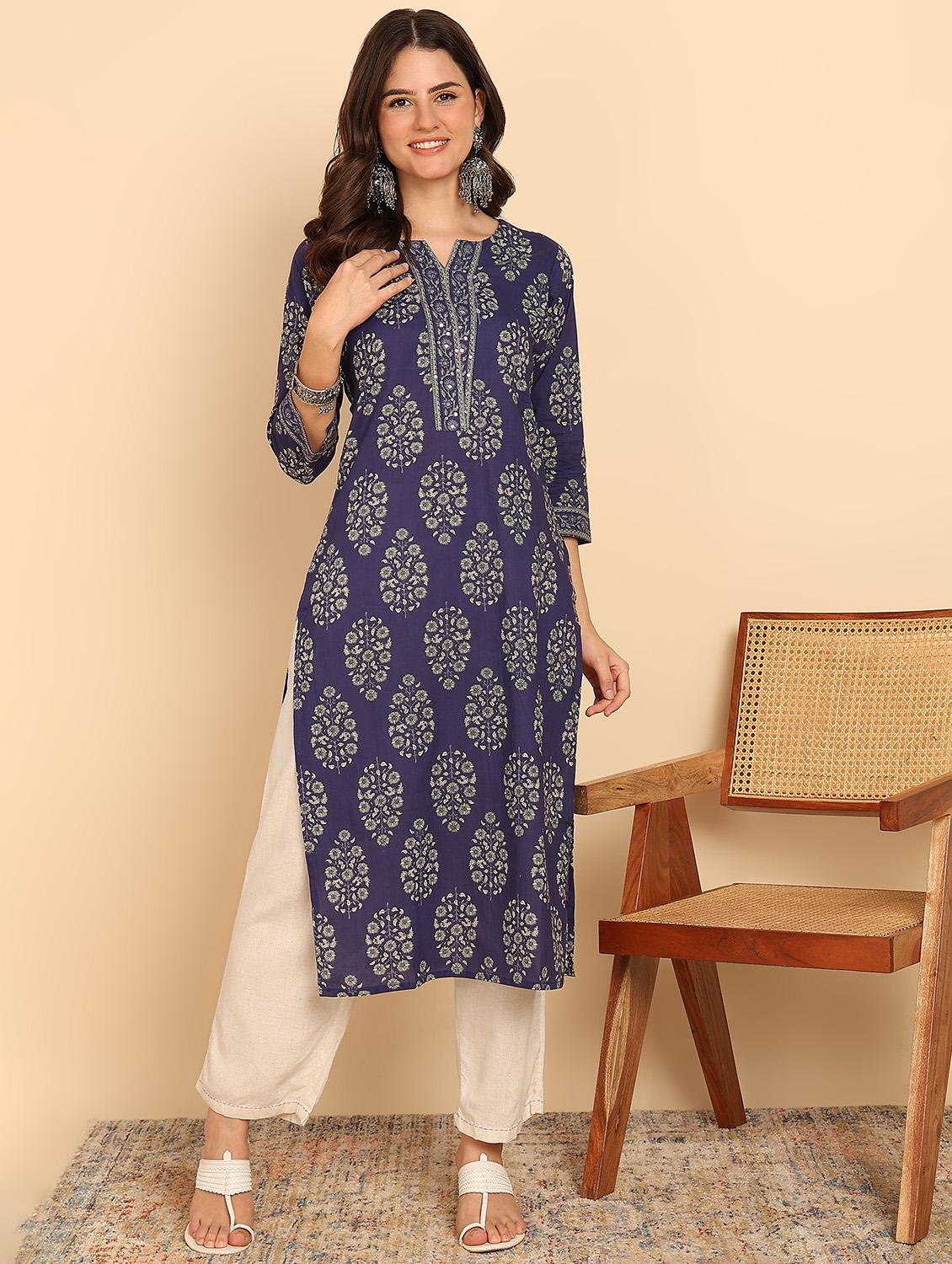 women three quarter sleeve straight kurta - 21957897 - Standard Image - 1