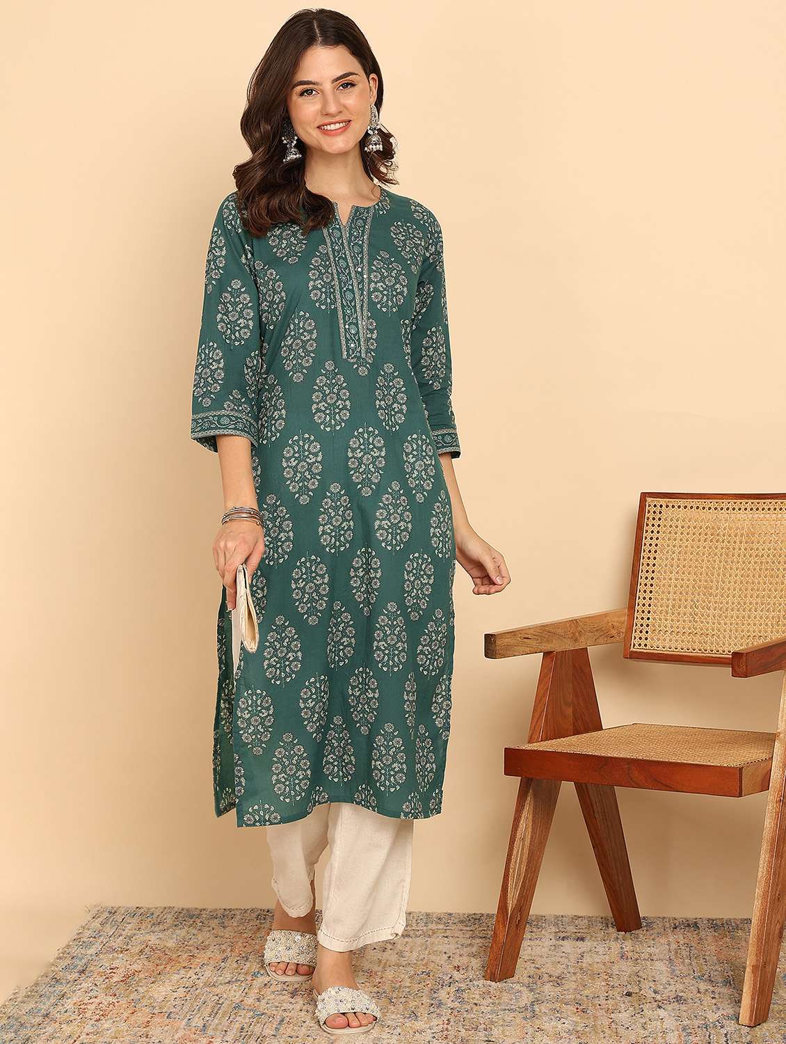 women three quarter sleeve straight kurta - 21957898 -  Standard Image - 1