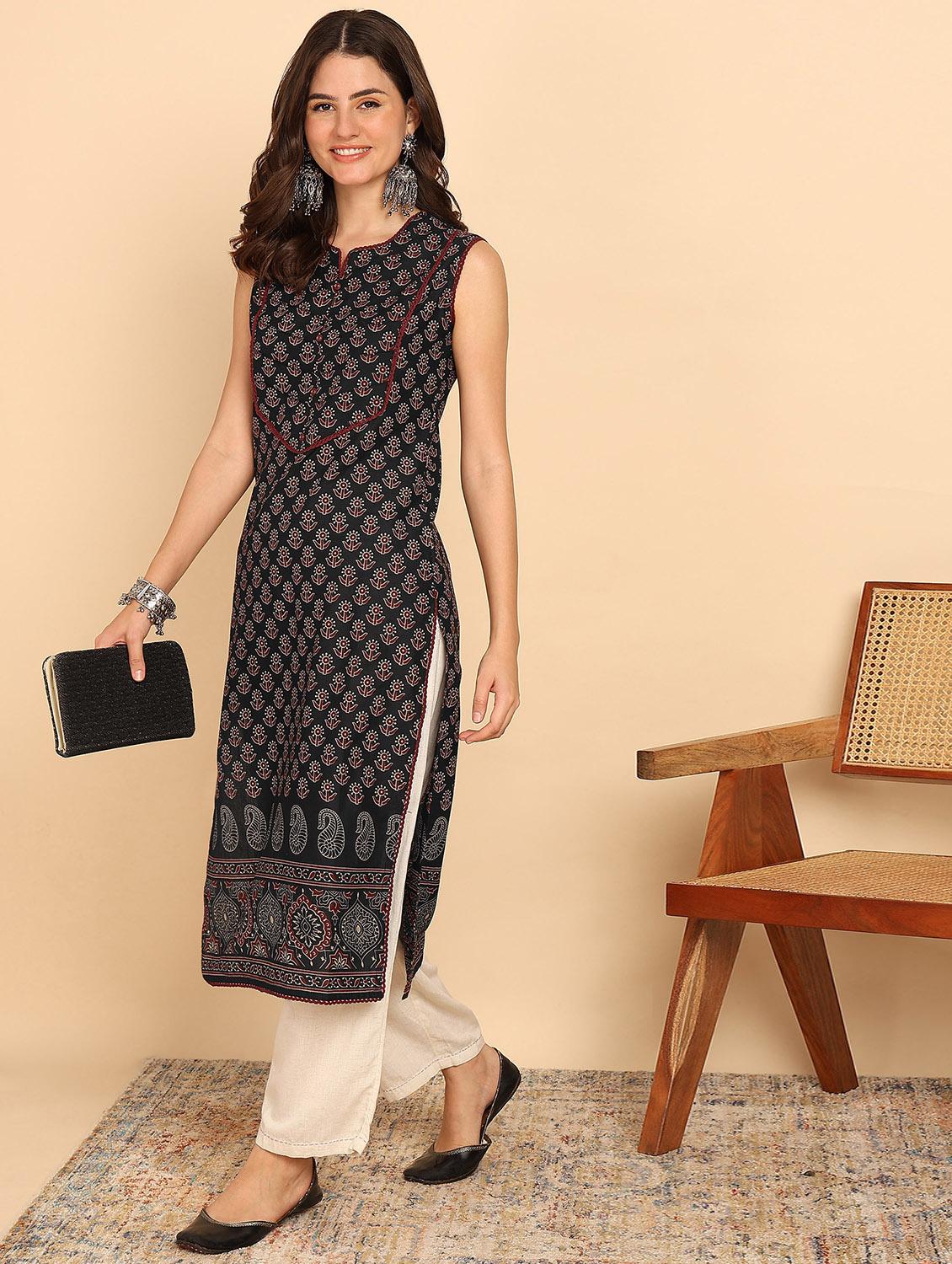 women floral printed sleeveless straight kurta
