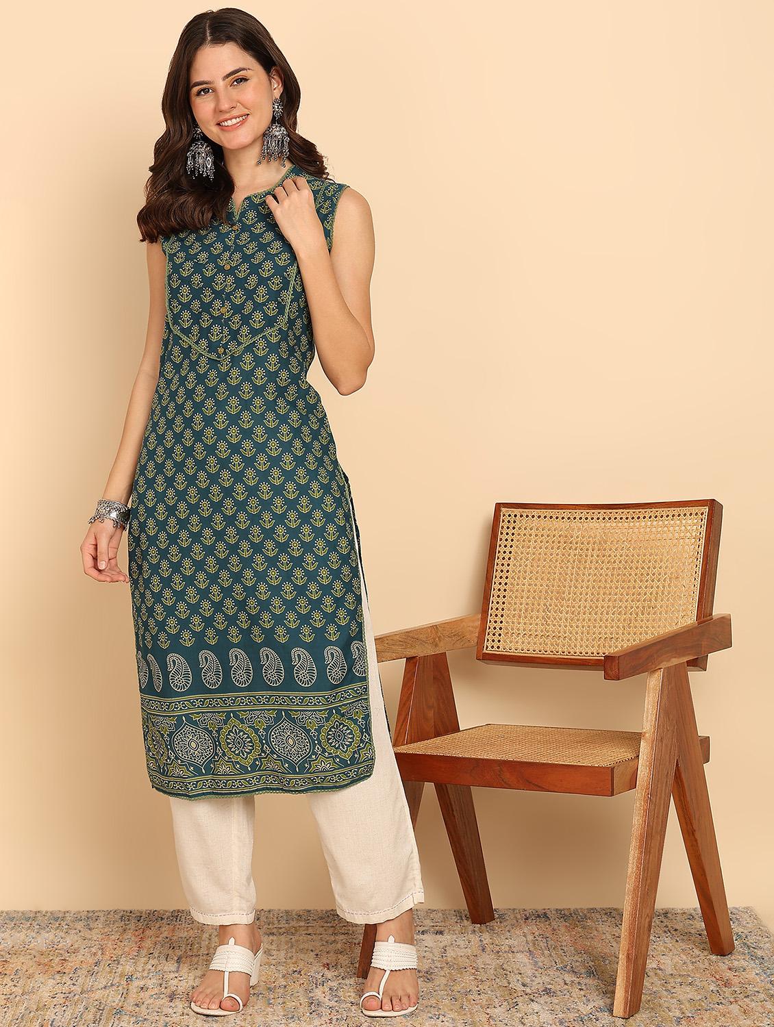 women floral printed sleeveless straight kurta - 21957920 - Standard Image - 1