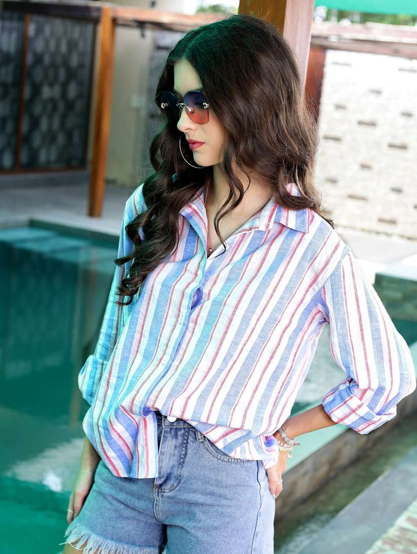 women striped collared long sleeve regular shirt