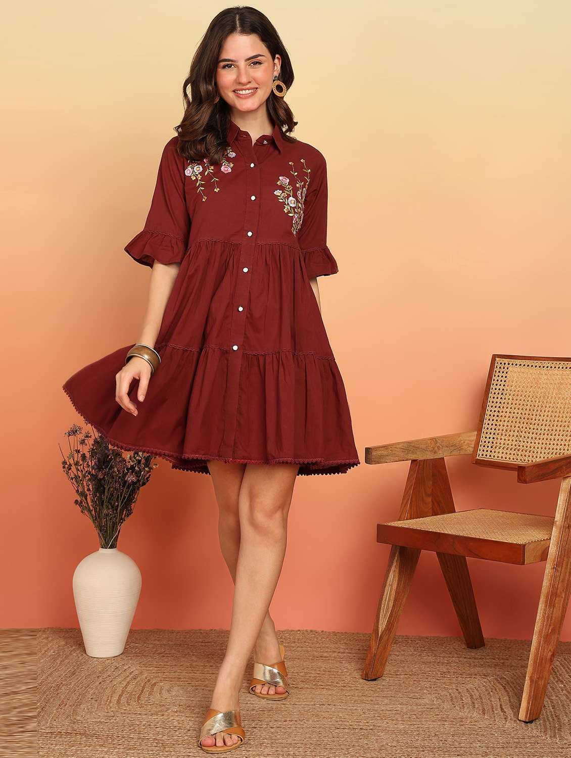 women maron embroidered elbow sleeve tiered ethnic dress - 21957939 -  Standard Image - 1