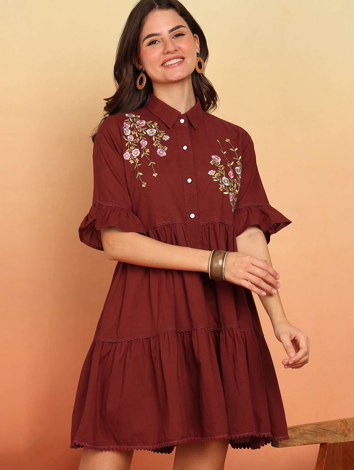 women maron embroidered elbow sleeve tiered ethnic dress - 21957939 -  Standard Image - 4