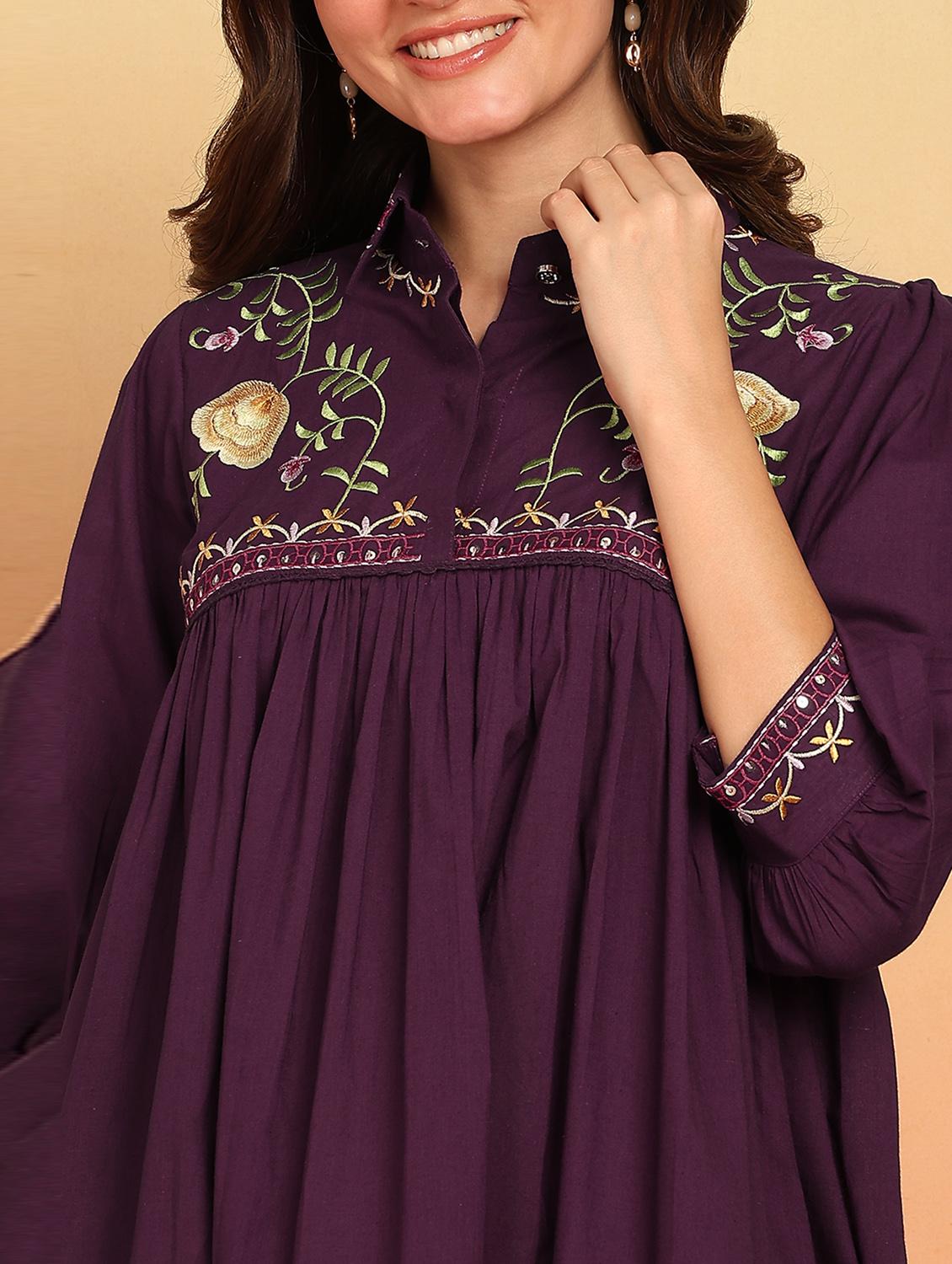 women purple embroidered collared tiered ethnic dress - 21957940 - Standard Image - 4