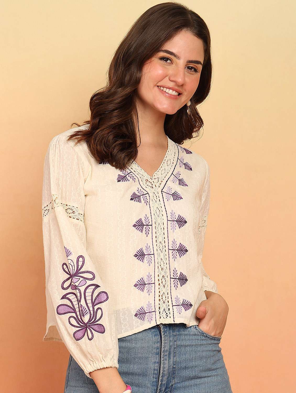 women embroidered long sleeve ethnic top - 21957948 -  Standard Image - 1