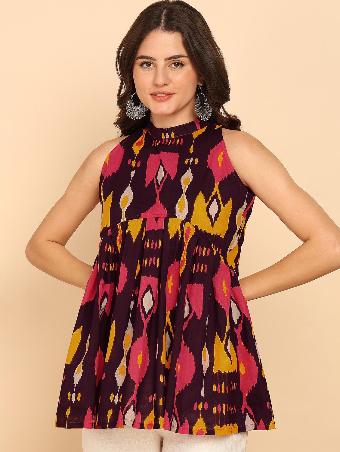 women printed sleeveless halter neck flared kurti - 21957949 - Standard Image - 1