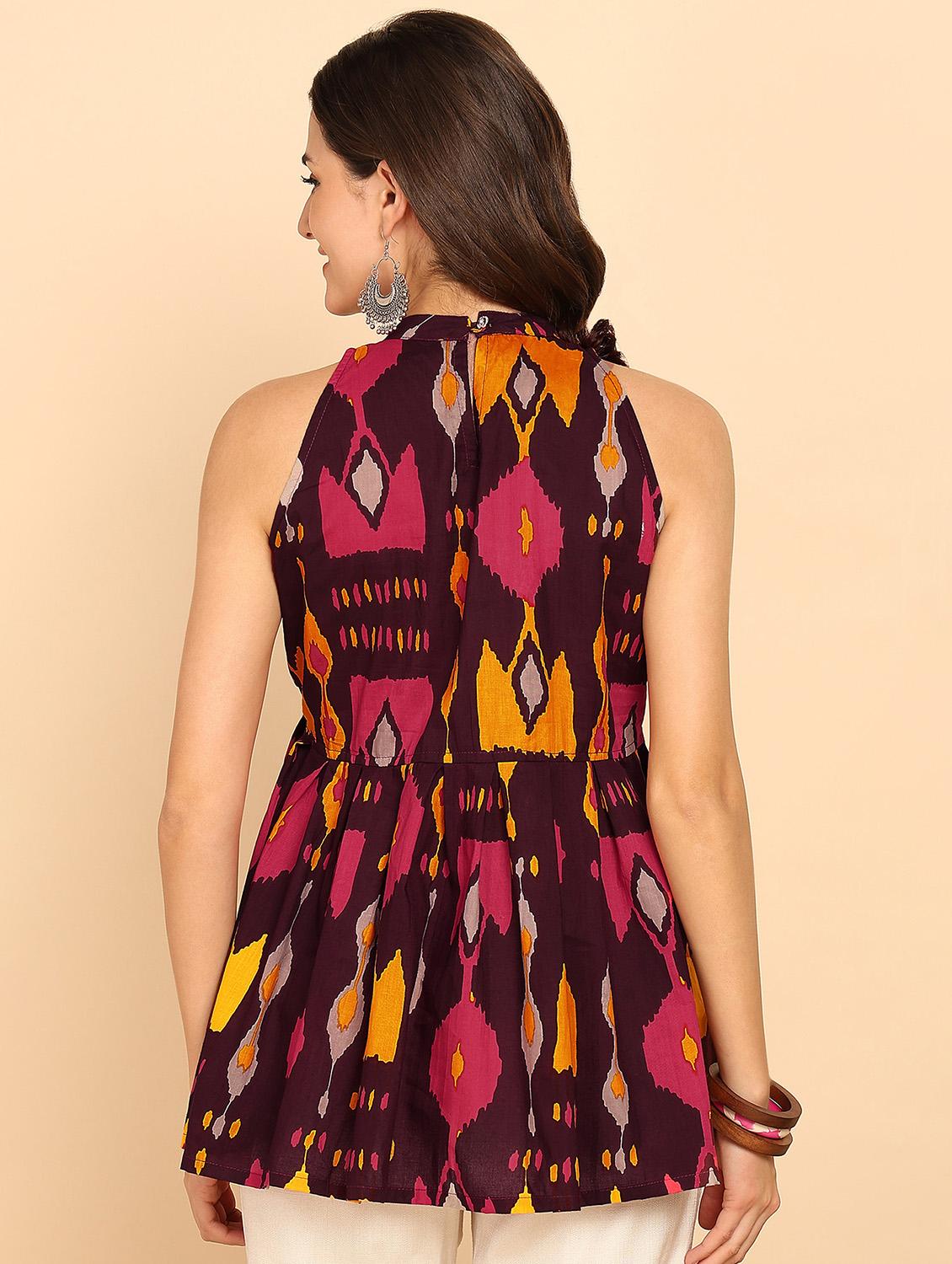 women printed sleeveless halter neck flared kurti - 21957949 - Standard Image - 4