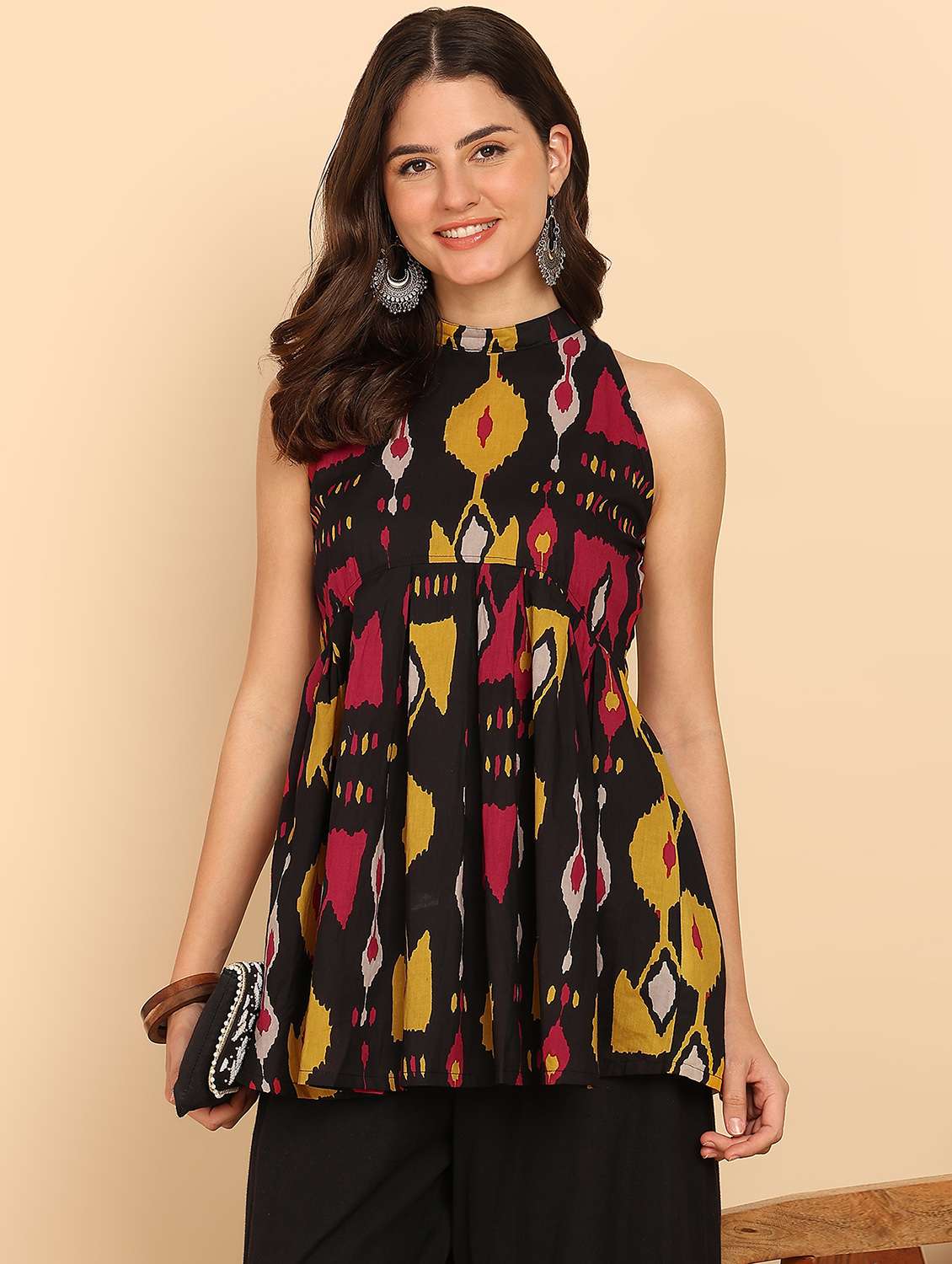 women printed sleeveless halter neckflared kurti