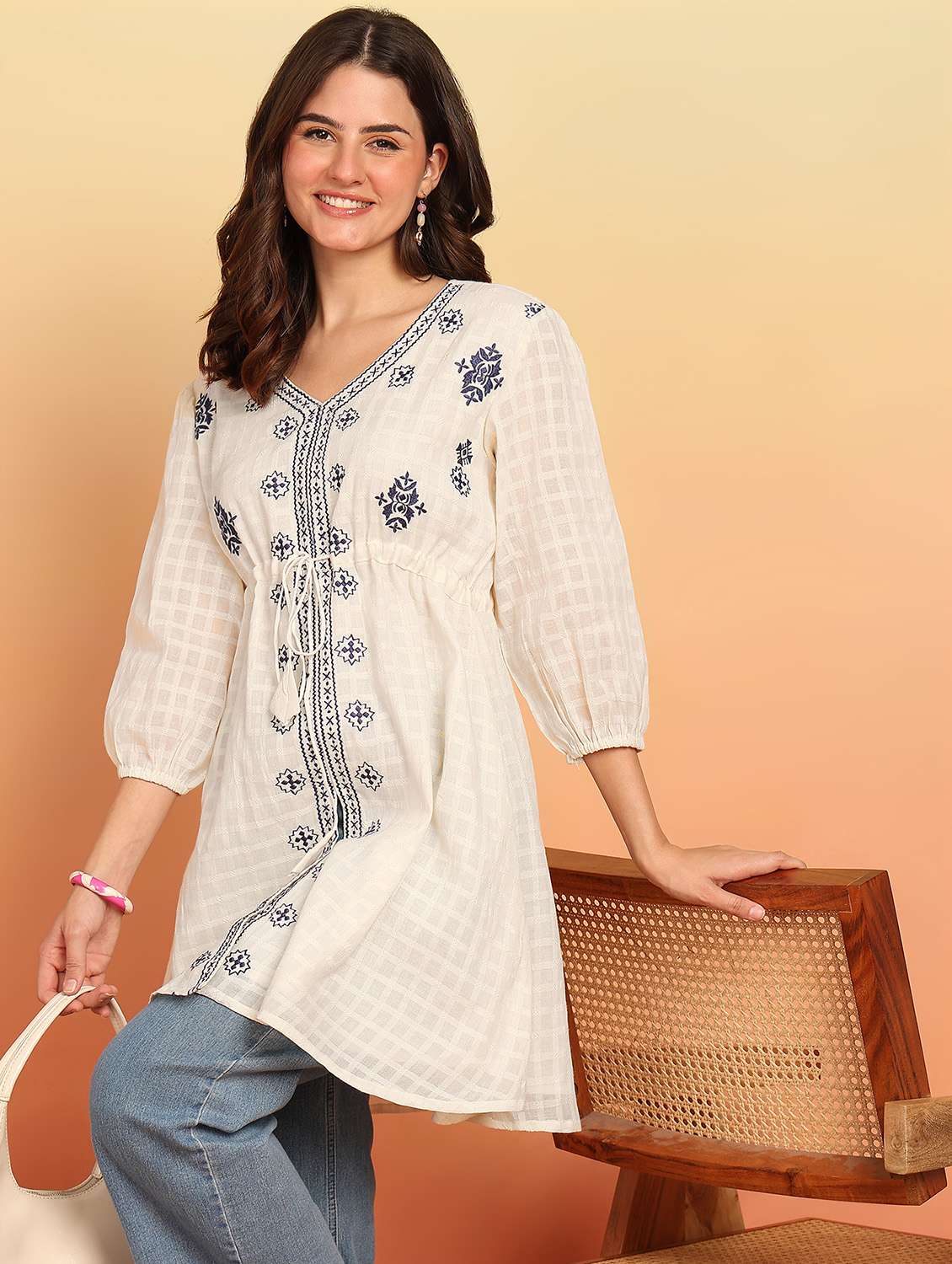 women white embroidered puff sleeve a-line kurti