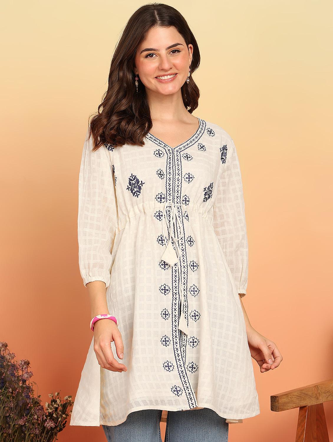 women white embroidered puff sleeve a-line kurti - 21957952 -  Standard Image - 1