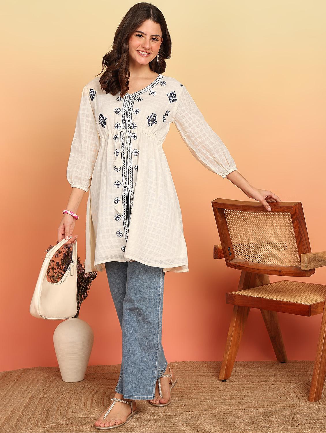 women white embroidered puff sleeve a-line kurti - 21957952 - Standard Image - 4