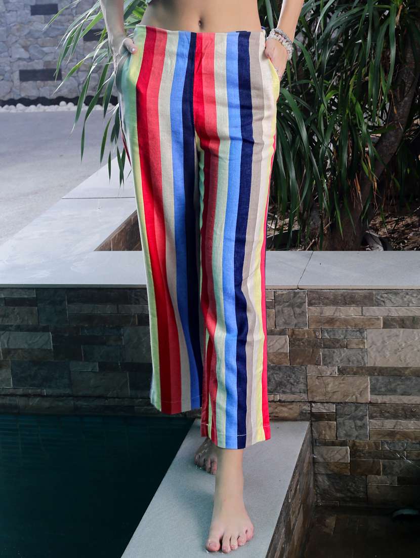 women striped mid rise straight trouser