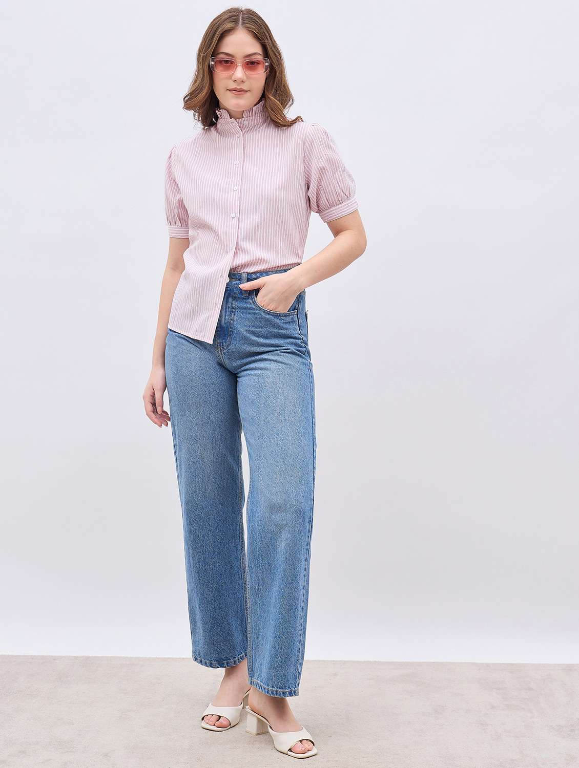 women striped mandarin neck puff sleeve shirt - 21958015 -  Standard Image - 4