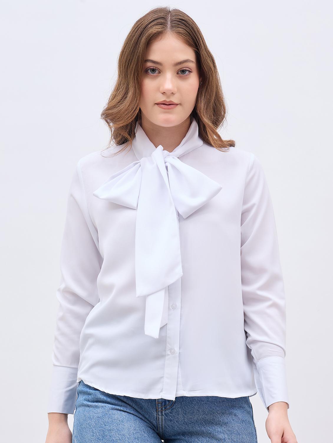 women white solid tie up neck long sleeve regular shirt - 21958020 - Standard Image - 1