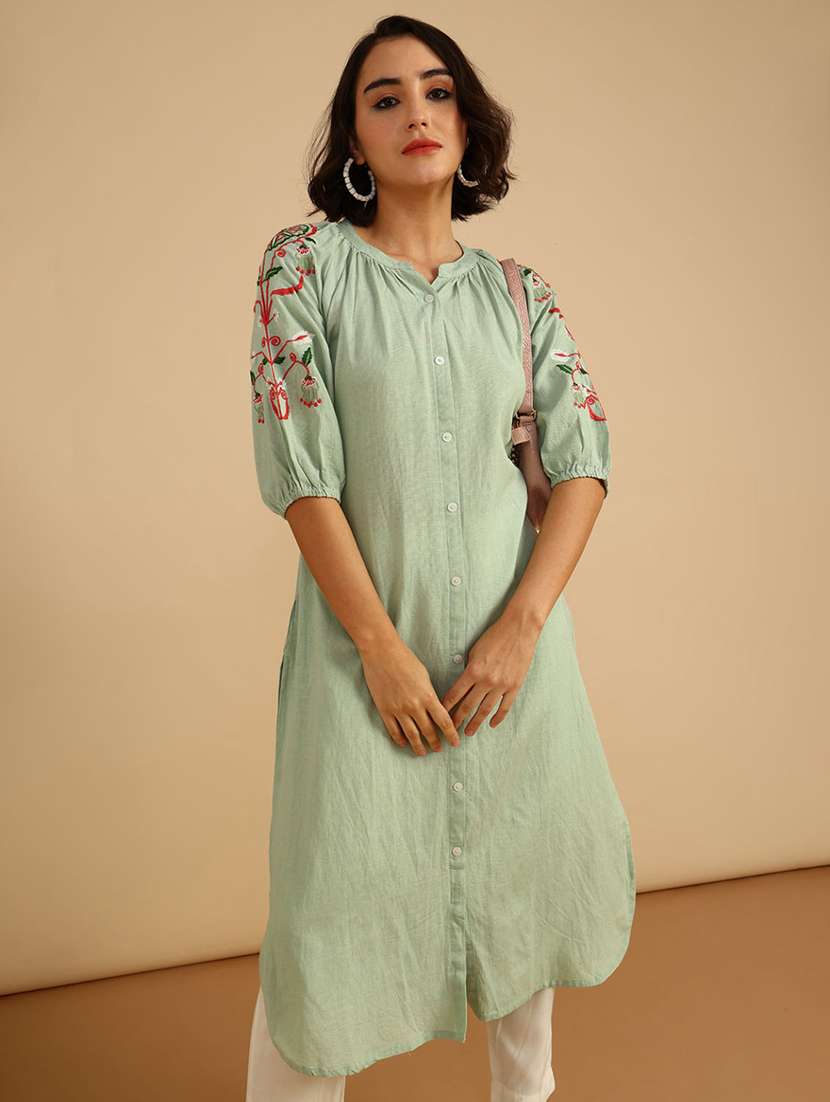 women embroidered three quarter sleeve straight kurta