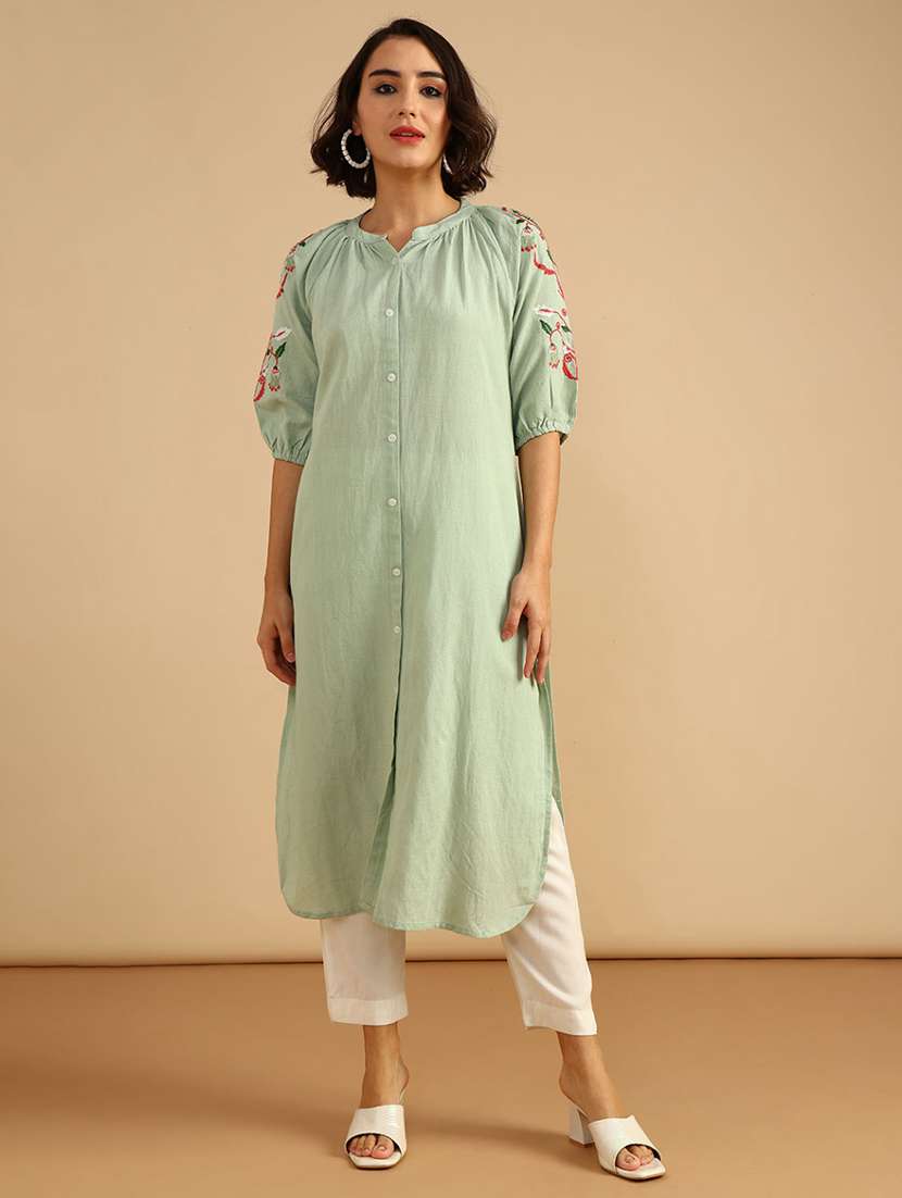women embroidered three quarter sleeve straight kurta - 21958127 -  Standard Image - 1