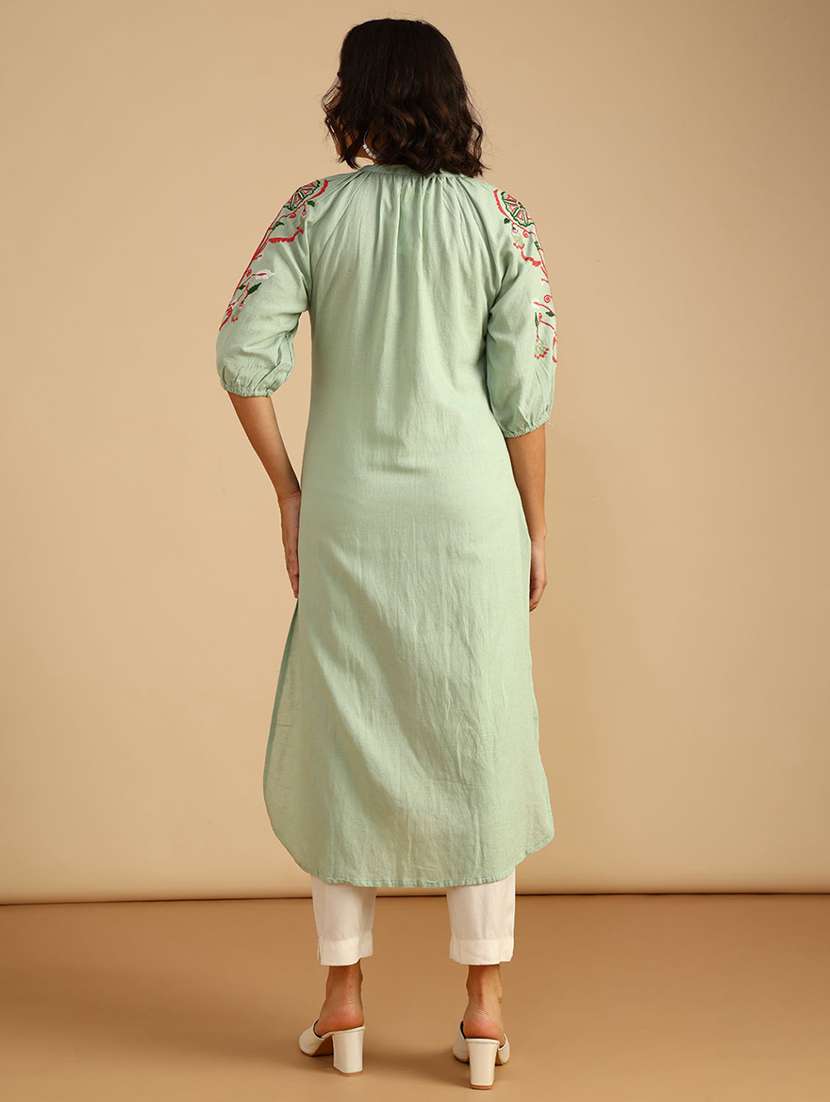 women embroidered three quarter sleeve straight kurta - 21958127 -  Standard Image - 4