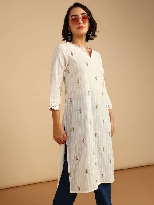 women embroidered three quarter sleeve straight kurta - 21958199 -  Standard Image - 0