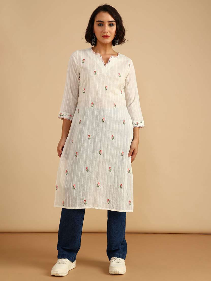 women embroidered three quarter sleeve straight kurta - 21958199 -  Standard Image - 1