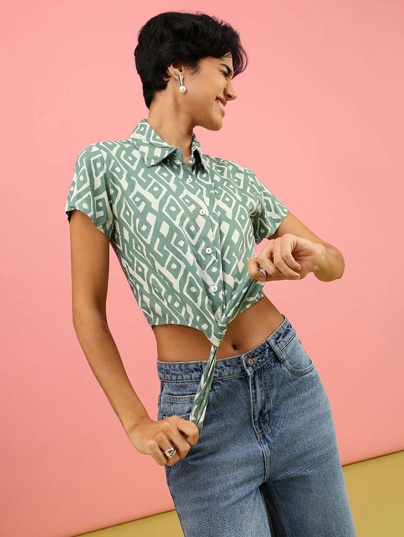 women printed collared short sleeve crop shirt - 21958229 -  Standard Image - 1