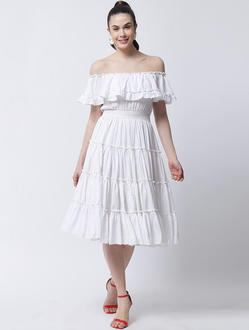women white solid off shoulder tiered dress - 21958320 - Zoom Image - 0