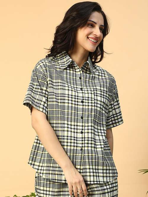 women checkered collared short sleeve regular shirt - 21958321 - Standard Image - 0