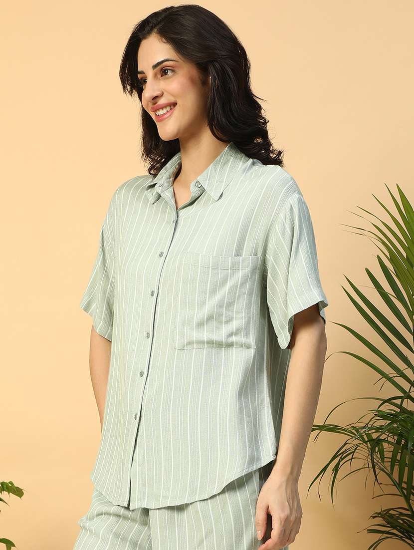 women striped colared short sleeve regular shirt - 21958322 -  Standard Image - 1