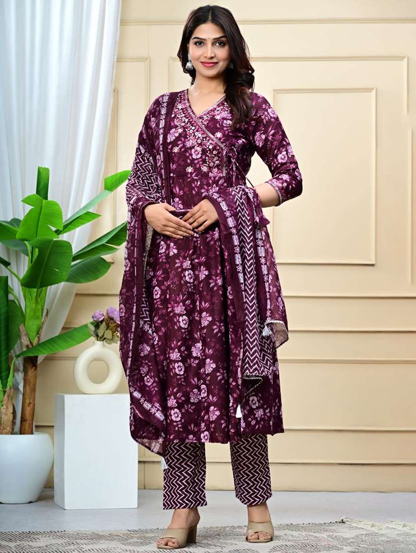women three quarter sleeve anarkali kurta pant with dupatta set