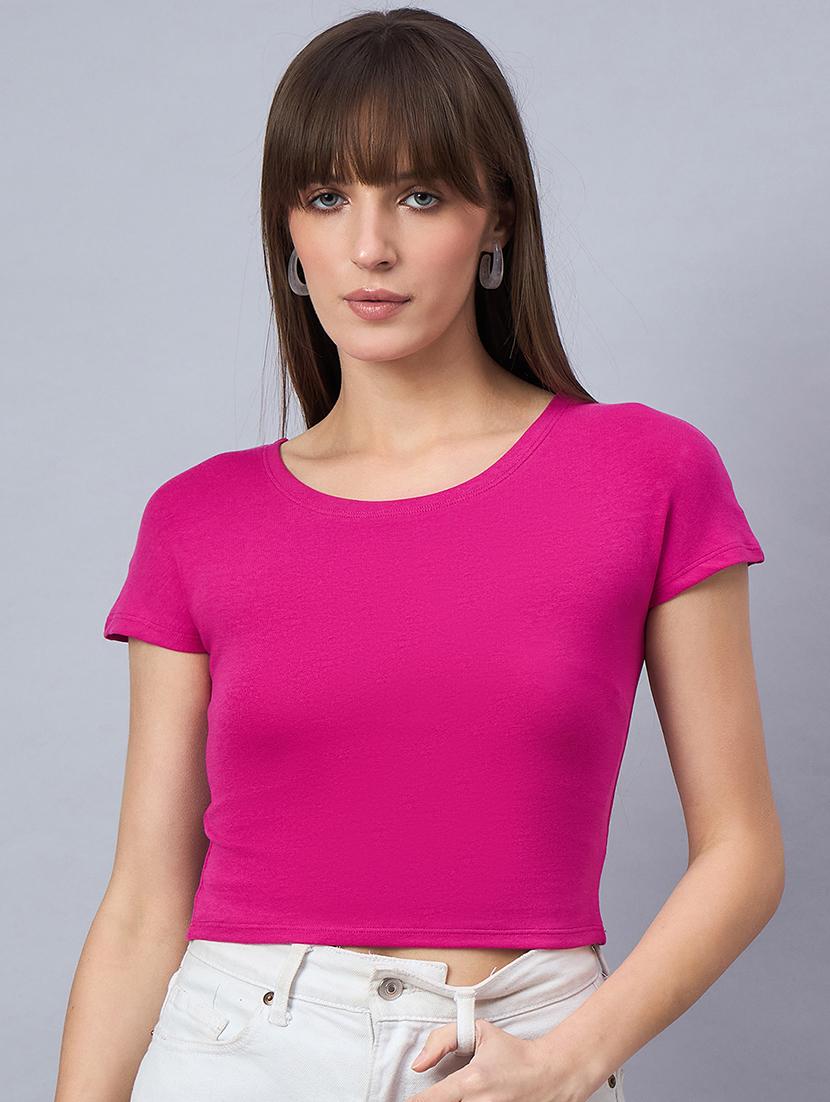 women solid short sleeve crop top - 21958376 -  Standard Image - 1