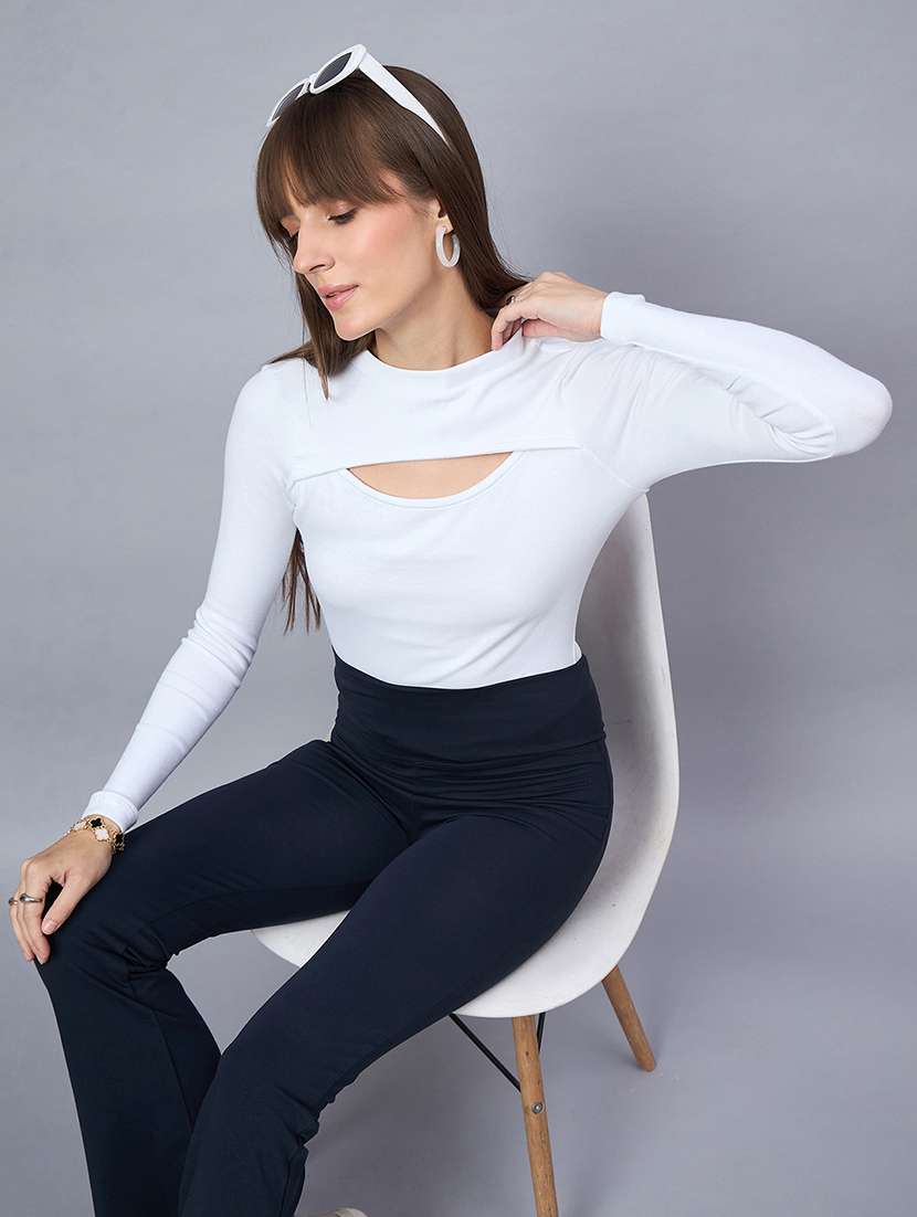 women solid long sleeve cut out crop top